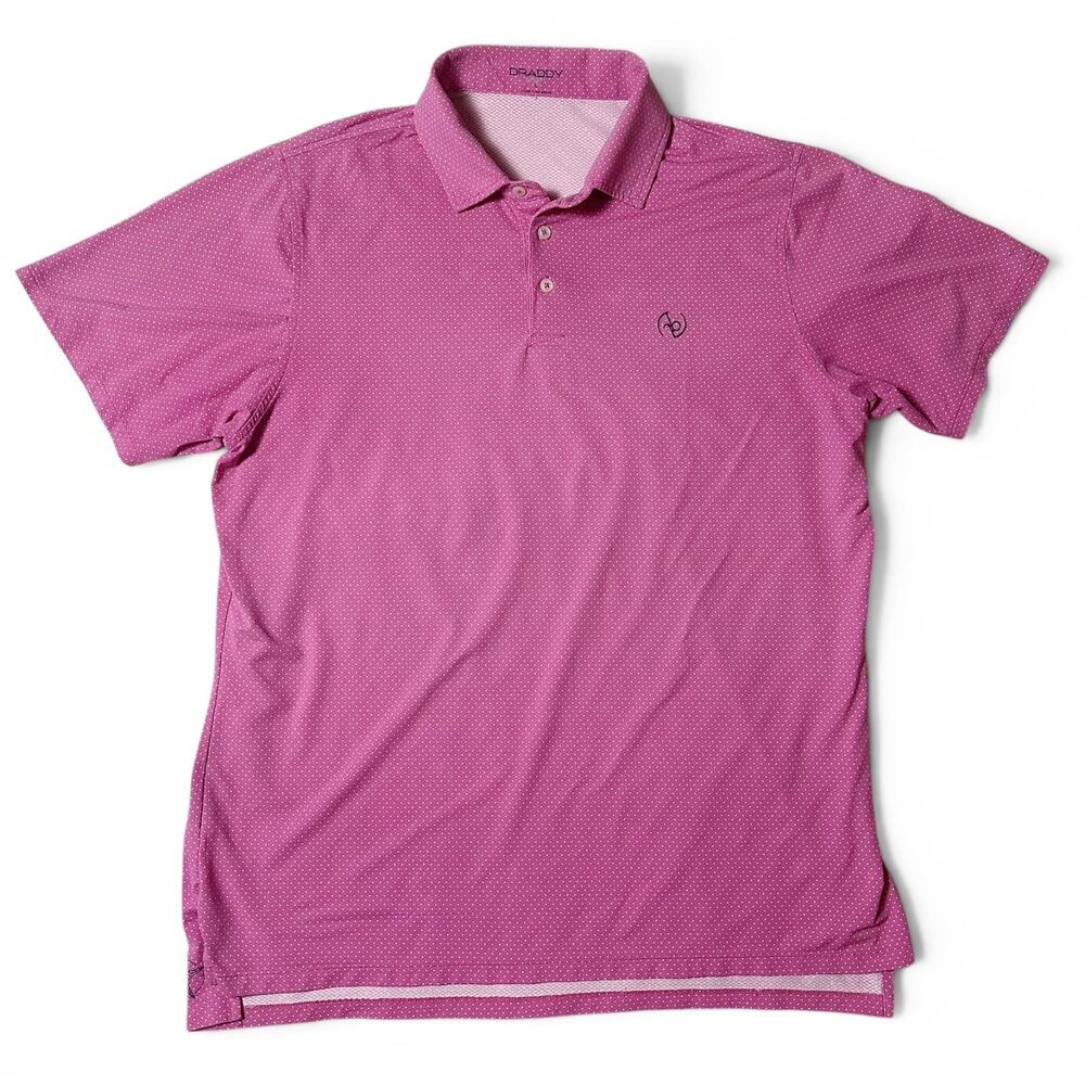 B Draddy Sport Performance Polo Mens Size L Pink Dot Golf Performance Stretch